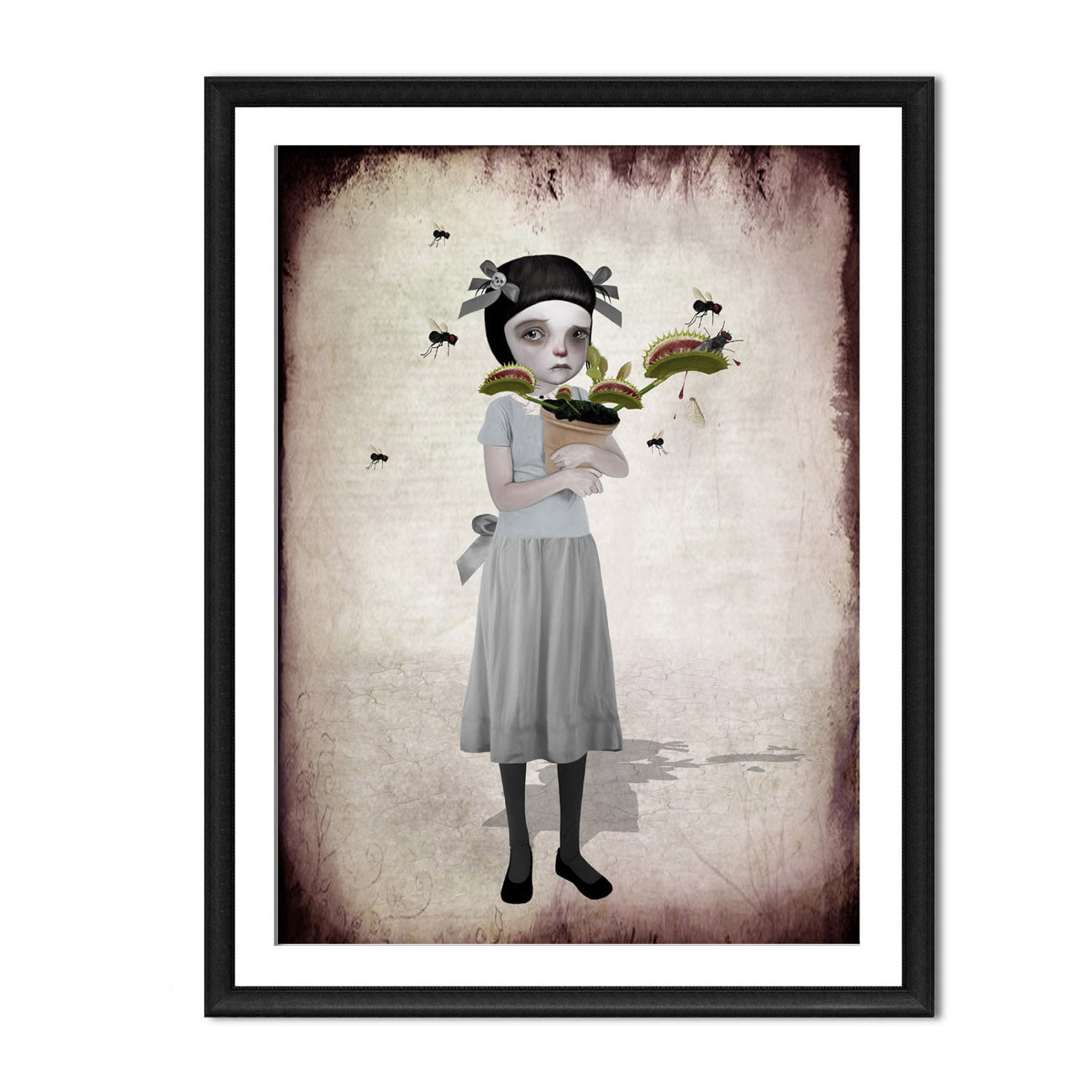 Pop Surrealism Art Print features a tearful girl holding her carnivorous plant Venus Flytrap as it chomps on fliesv in frame for display.