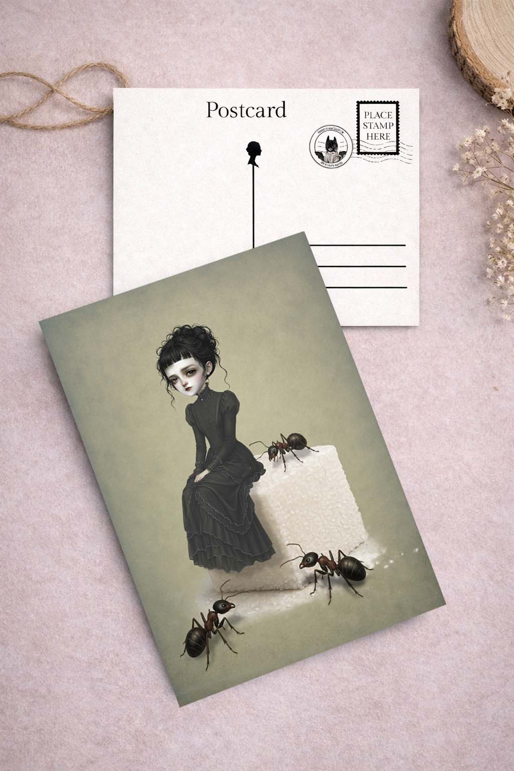 Postcard with illustration of a Victorian woman and ants on a textured surface