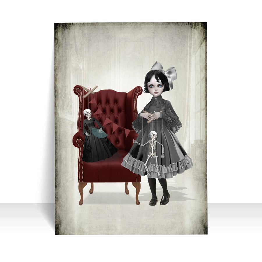 Close-up of victorian girl and her skeleton marionette dolls ACEO art card against a white background, highlighting its intricate creepy cute details.