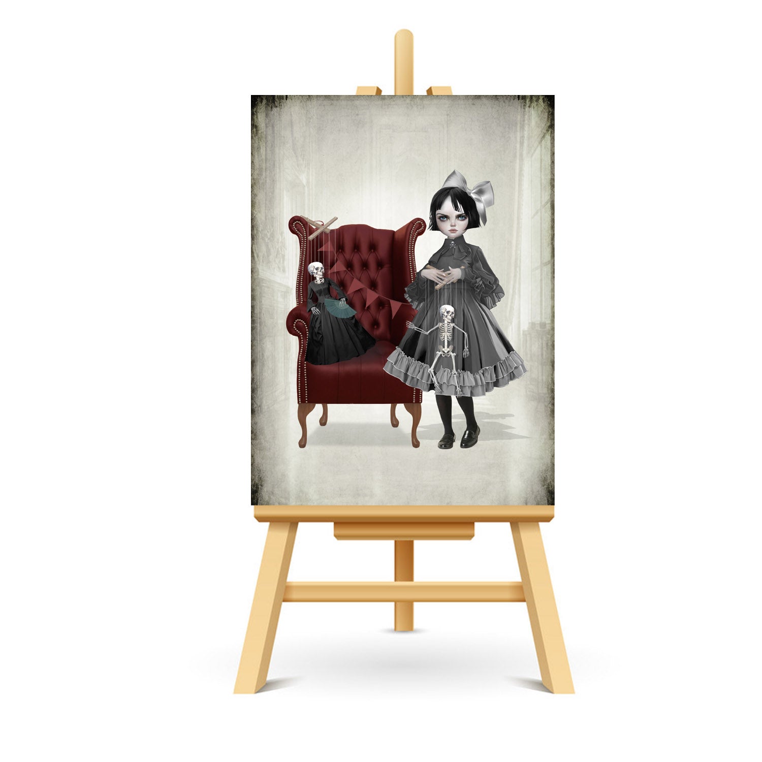 Victorian girl with marionette dolls ACEO art displayed on a stand. Creepy cute miniature art print showcasing gothic style.