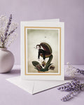 An alternative art greeting card featuring a Victorian gothic illustration of a girl inside a Venus flytrap, displayed upright on its white envelope next to a small ceramic vase with dried lavender and baby's breath flowers on a light purple background.
