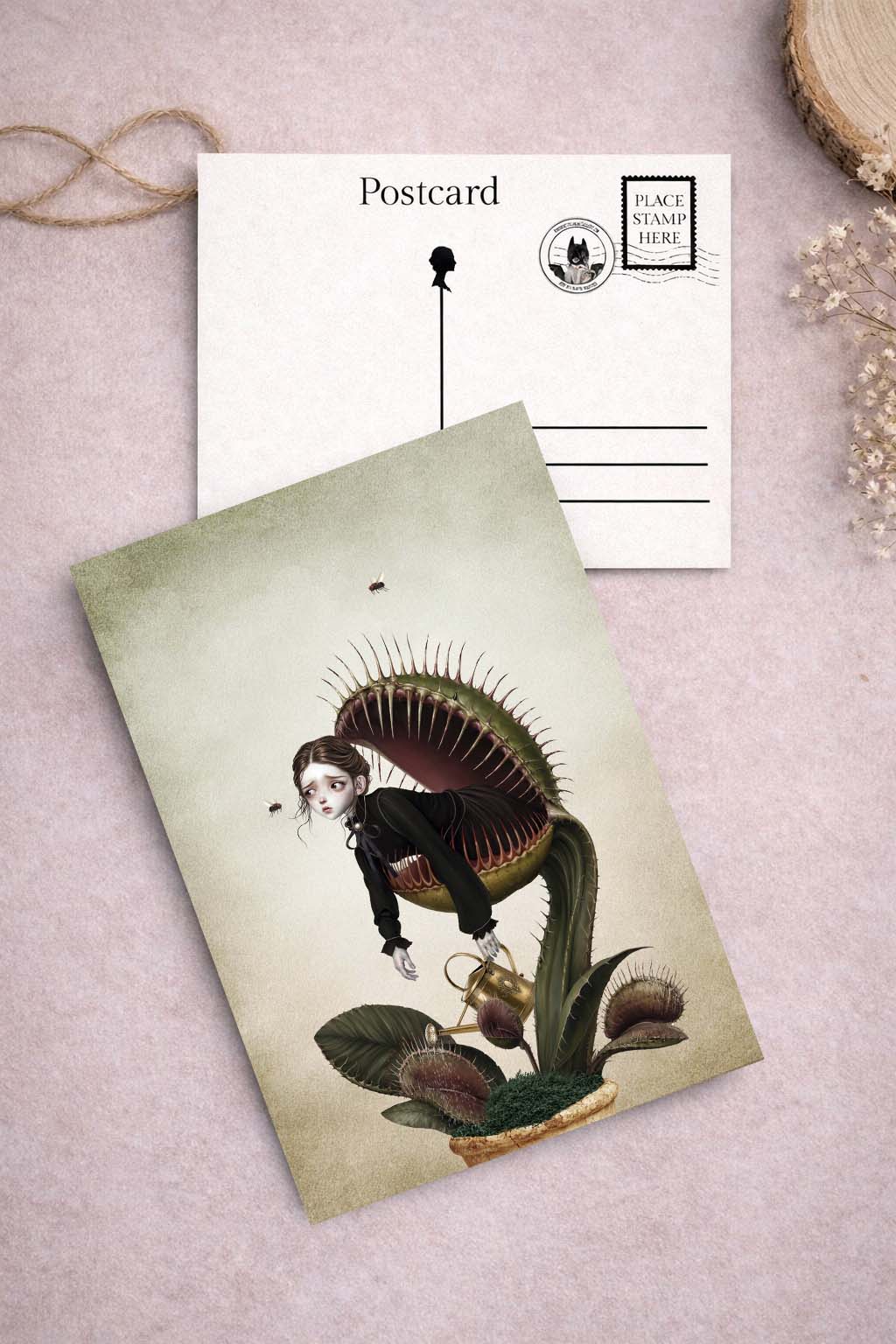 Postcard with a Venus flytrap featuring A Victorian lady, on a light pink background.