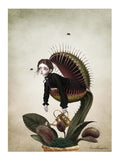 A dark whimsy Victorian gothic art print of a melancholy Victorian woman trapped inside a giant potting-pot Venus flytrap carnivorous plant while holding a vintage gold watering can.