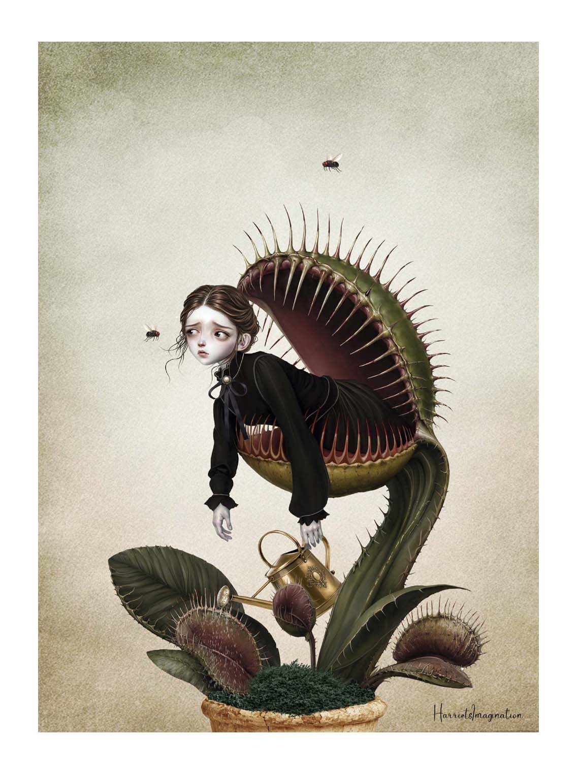 A dark whimsy Victorian gothic art print of a melancholy Victorian woman trapped inside a giant potting-pot Venus flytrap carnivorous plant while holding a vintage gold watering can.