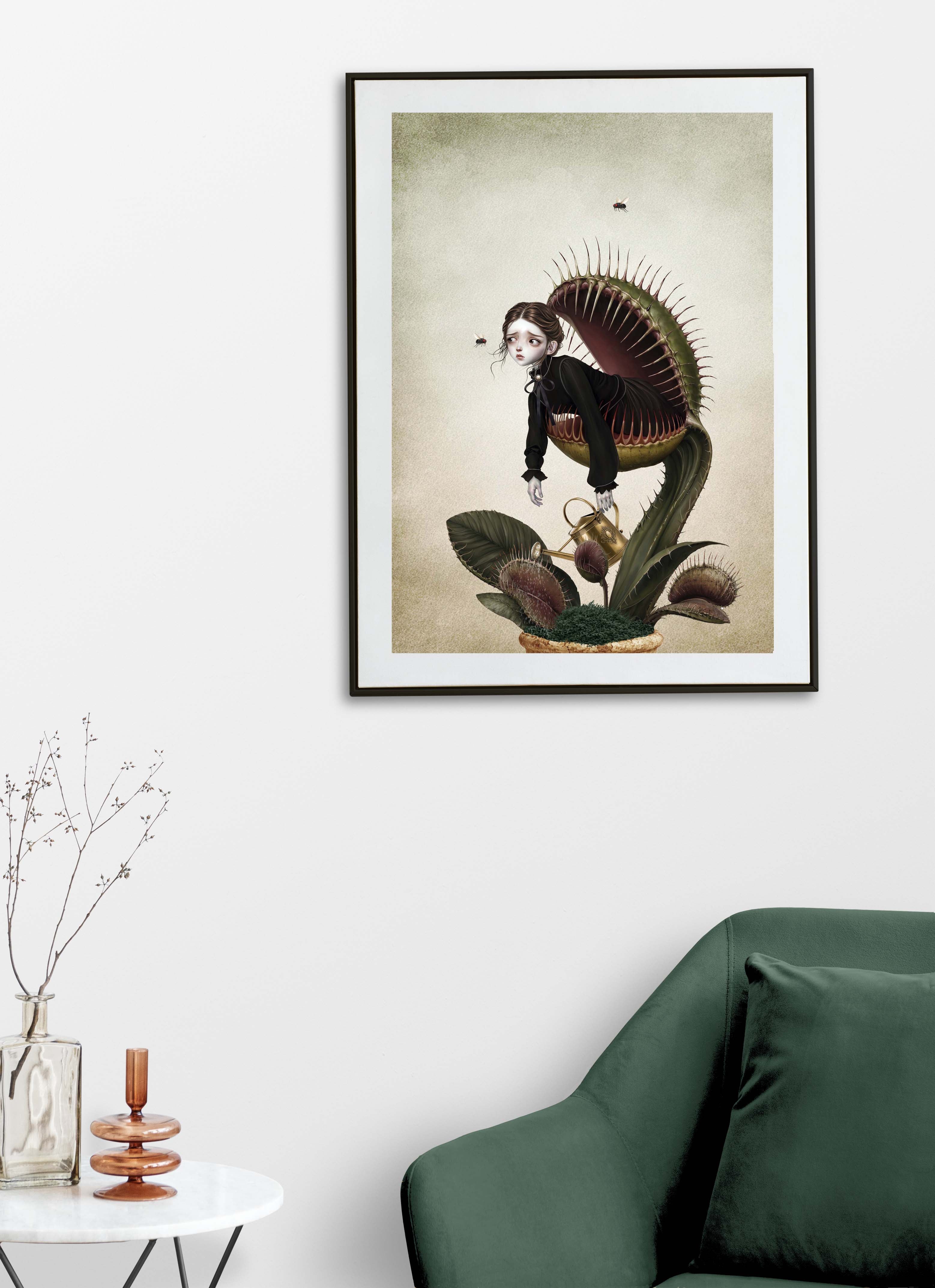 A dark whimsy Victorian gothic art print of a melancholy Victorian woman trapped inside a giant potting-pot Venus flytrap carnivorous plant while holding a vintage gold watering can on display on a living room wall.