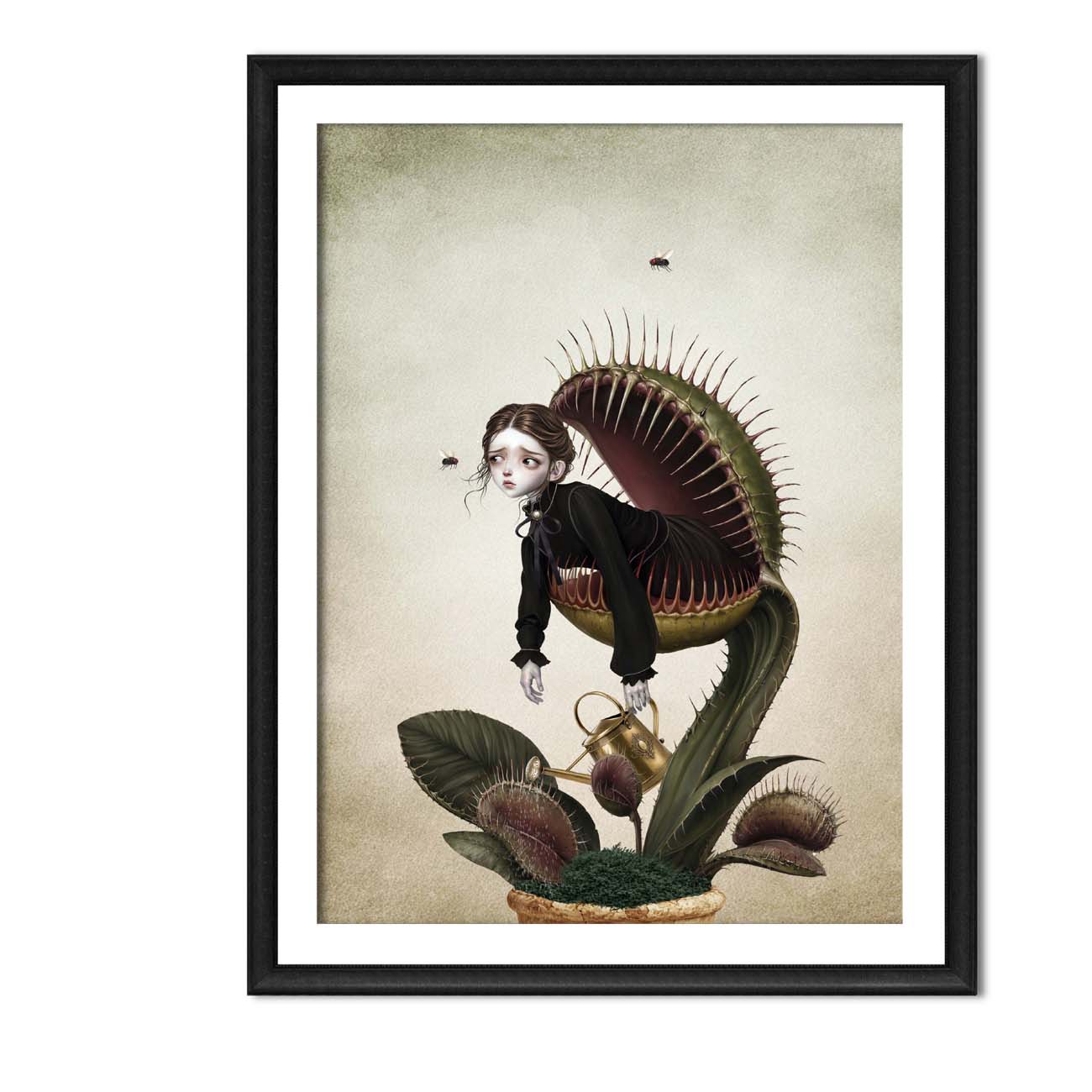 A dark whimsy Victorian gothic art print in an 4 frame of a melancholy Victorian woman trapped inside a giant potting-pot Venus flytrap carnivorous plant while holding a vintage gold watering can.