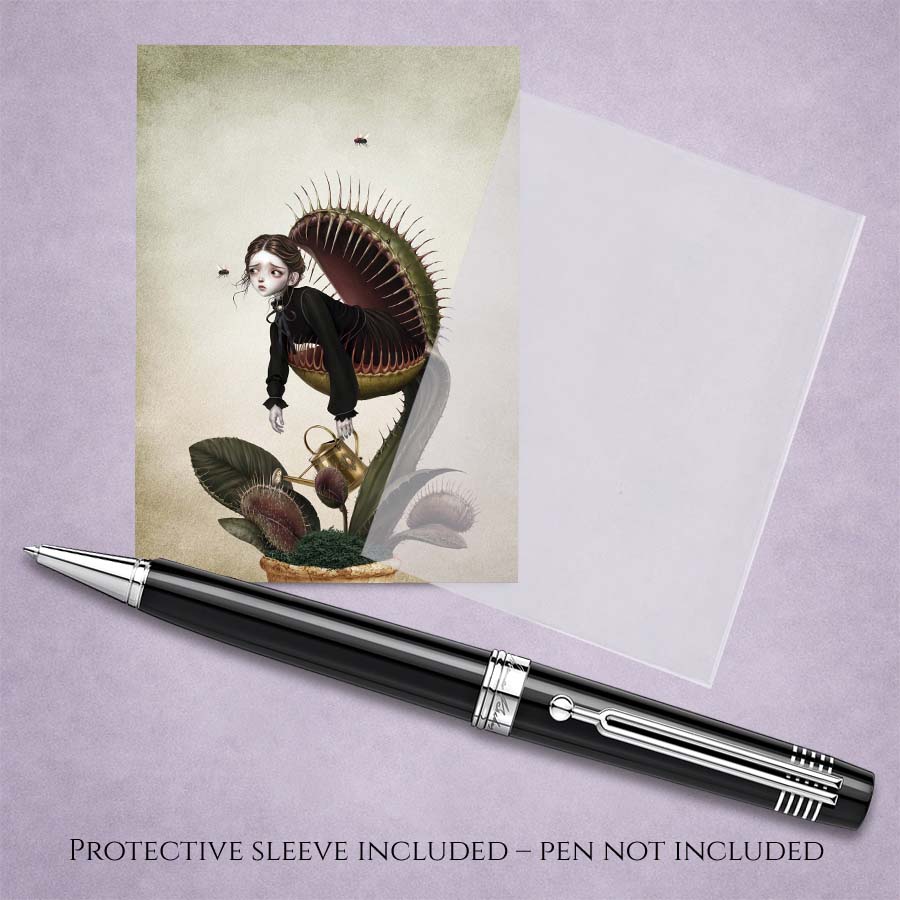 A miniature Victorian gothic ACEO art card of a melancholy girl trapped in a giant Venus flytrap, displayed vertically with a protective cello sleeve and pen on a textured purple background.
