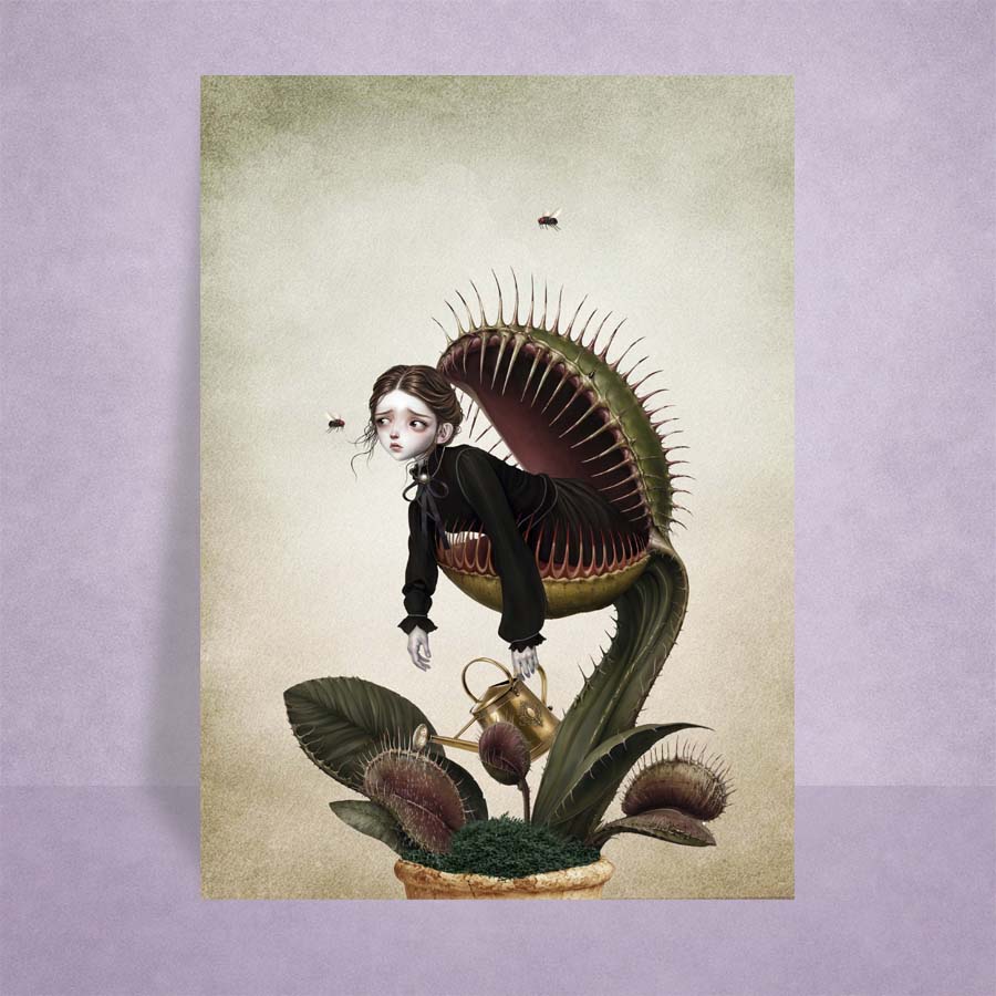 A miniature Victorian gothic ACEO art card of a melancholy girl trapped in a giant Venus flytrap, displayed vertically on a textured purple background.