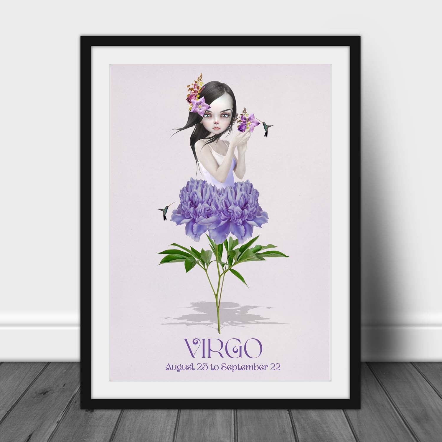 Art print of a female representing virgo, leaning against a wall, creating star sign with surreal elements.