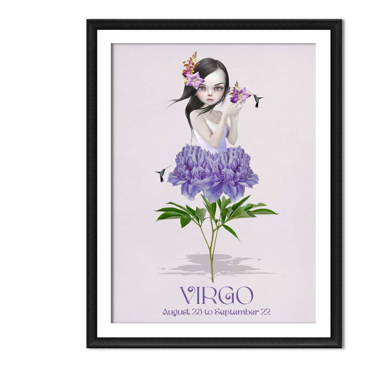 Virgo female art print in a sleek frame, set against a white background.
