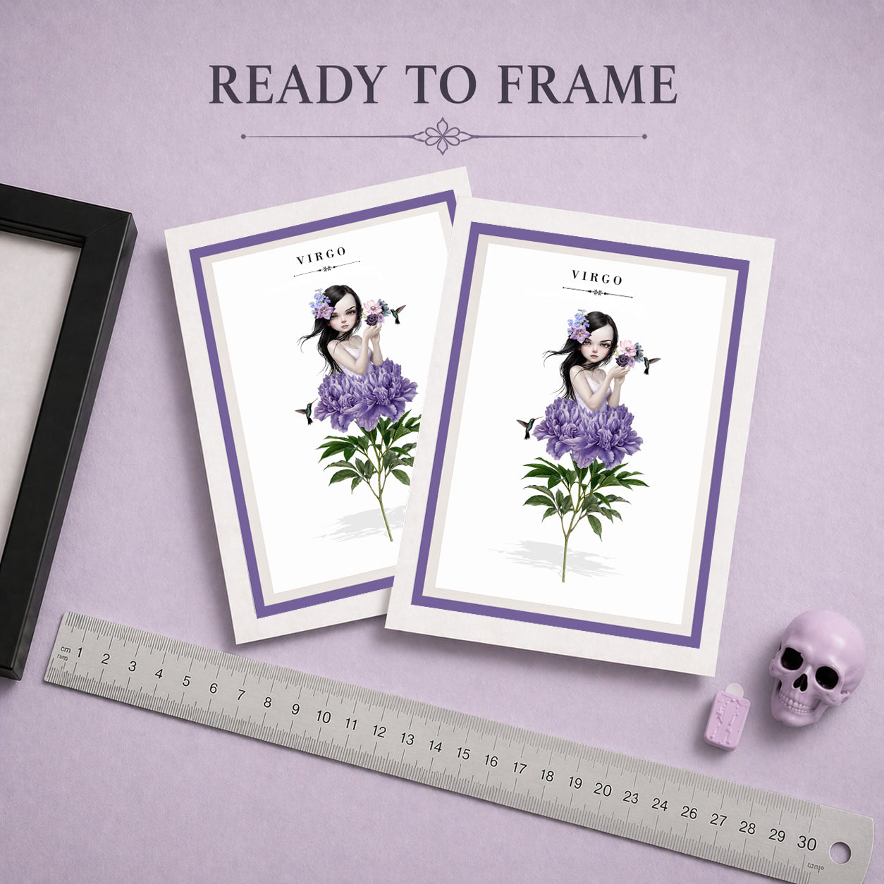 Ready to frame Virgo zodiac birthday card with an illustration of a dark-haired maiden emerging from a large purple peony flower, holding a violet rose with hummingbirds.