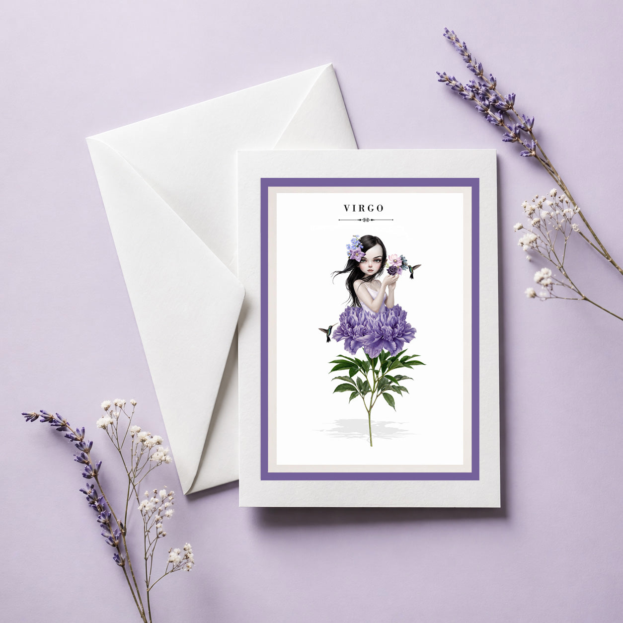 Whimsical fine art illustration on a white greeting card featuring a Virgo maiden with dark hair and flower crown rising from a vibrant purple peony stem, flanked by small hummingbirds.