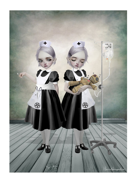 Voodoo Doll Art Print features a striking image of two Gothic nurses attending to a voodoo doll. One is inserting pins while the other administers a curious fluff drip. 