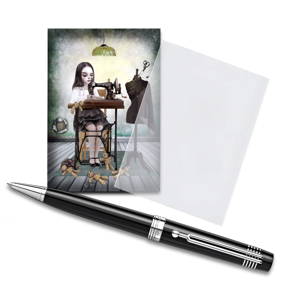 ACEO print of a girl creating voodoo dolls on a sewing machine. 