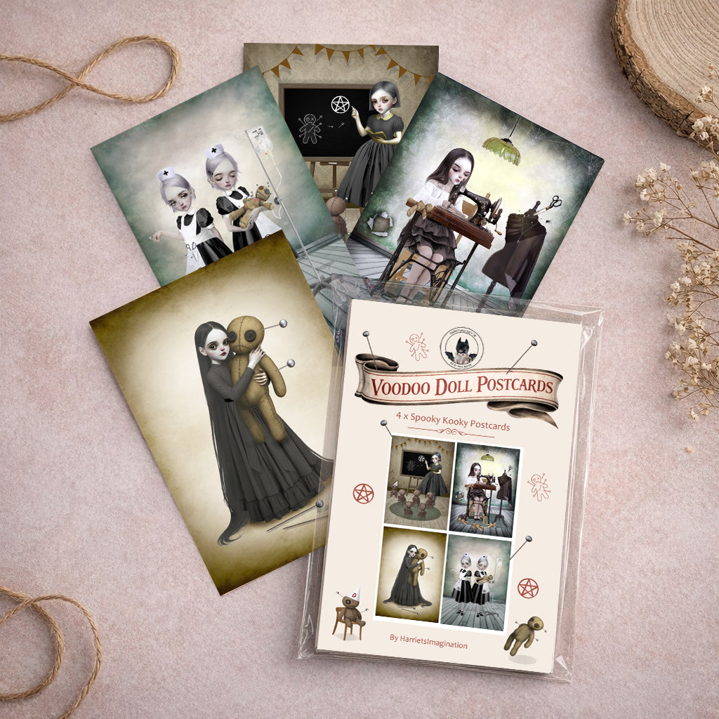 Voodoo doll art postcard set featuring 4 voodoo doll themed art postcards.