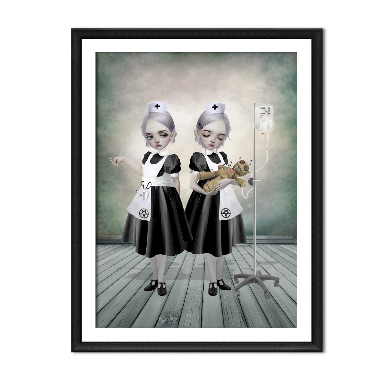 Framed gothic art print, two Gothic nurses attending to a voodoo doll. One is inserting pins while the other administers a curious fluff drip. 