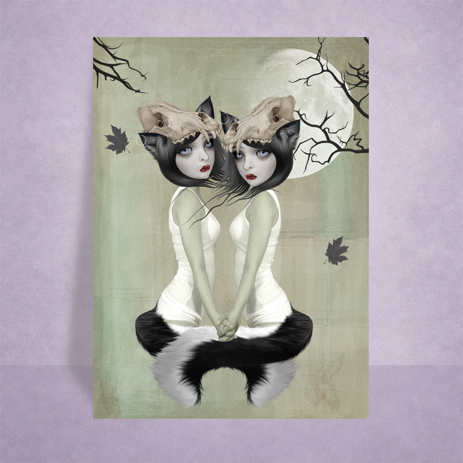 Collect this werewolf twin sisters ACEO art card. Featuring a gothic transformation scene, this miniature art print is perfect for dark fantasy collectors. Card is displayed against a lilac background.