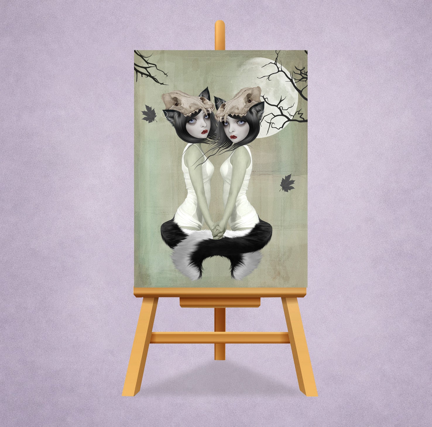 ACEO art card, illustration is of two wolf sisters beneath the moon ready to transform, on an easel against a light purple background