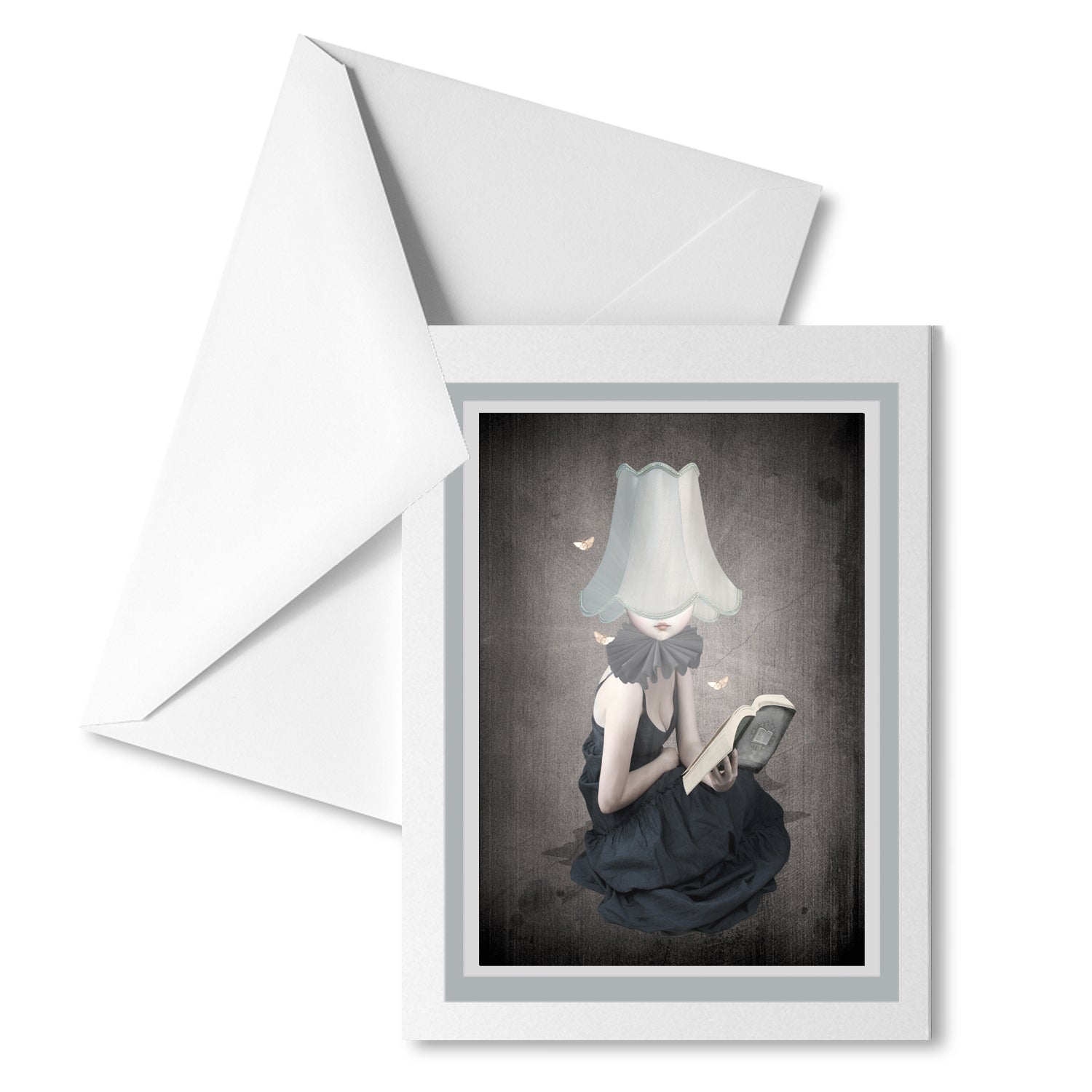 Whimsical Girl and Moths Art Card Featuring a girl reading with a lampshade on her head, with fluttering moths around her.