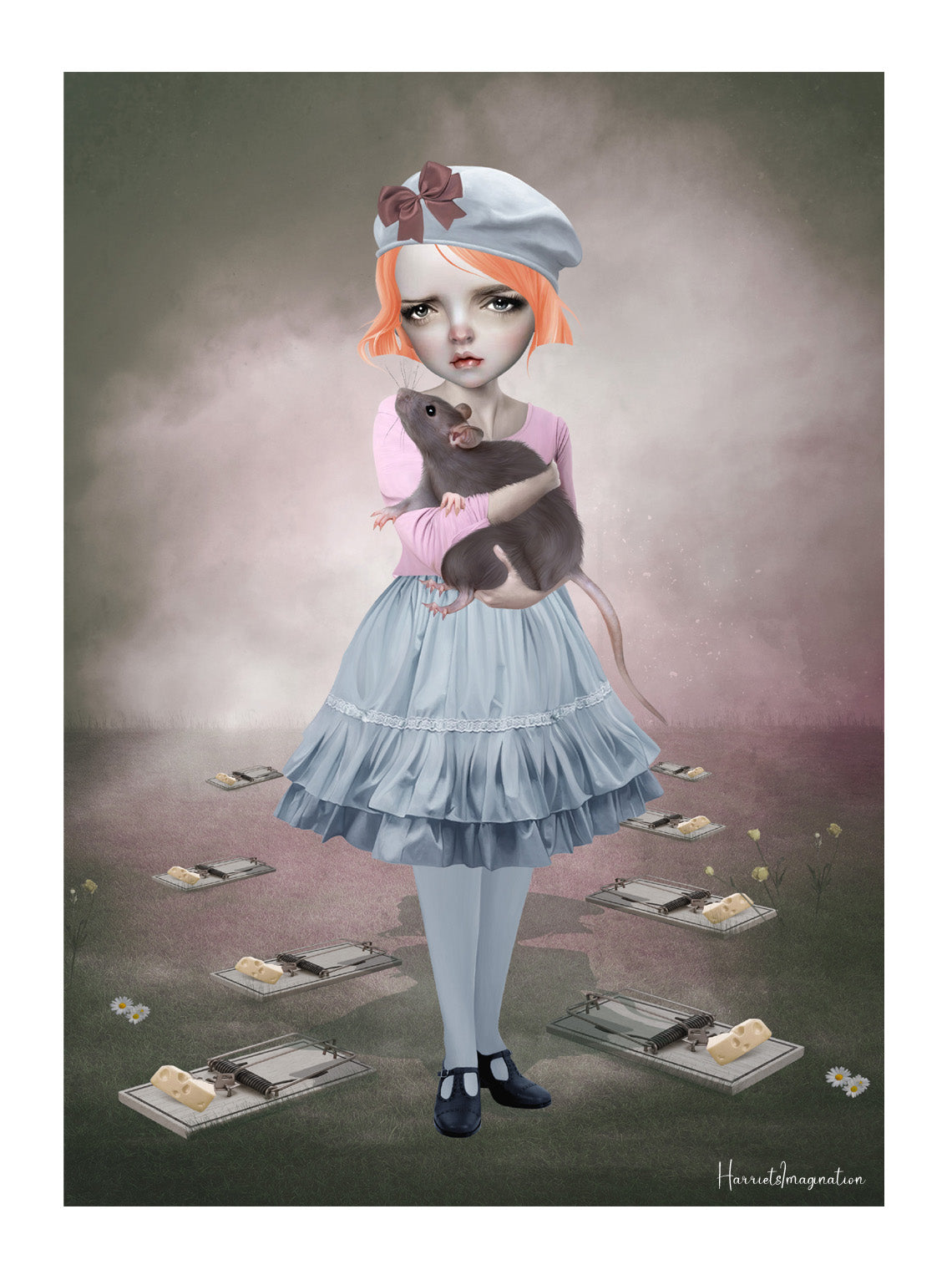 Illustration of a girl holding a rat surrounded by mouse traps with a dark, moody background
