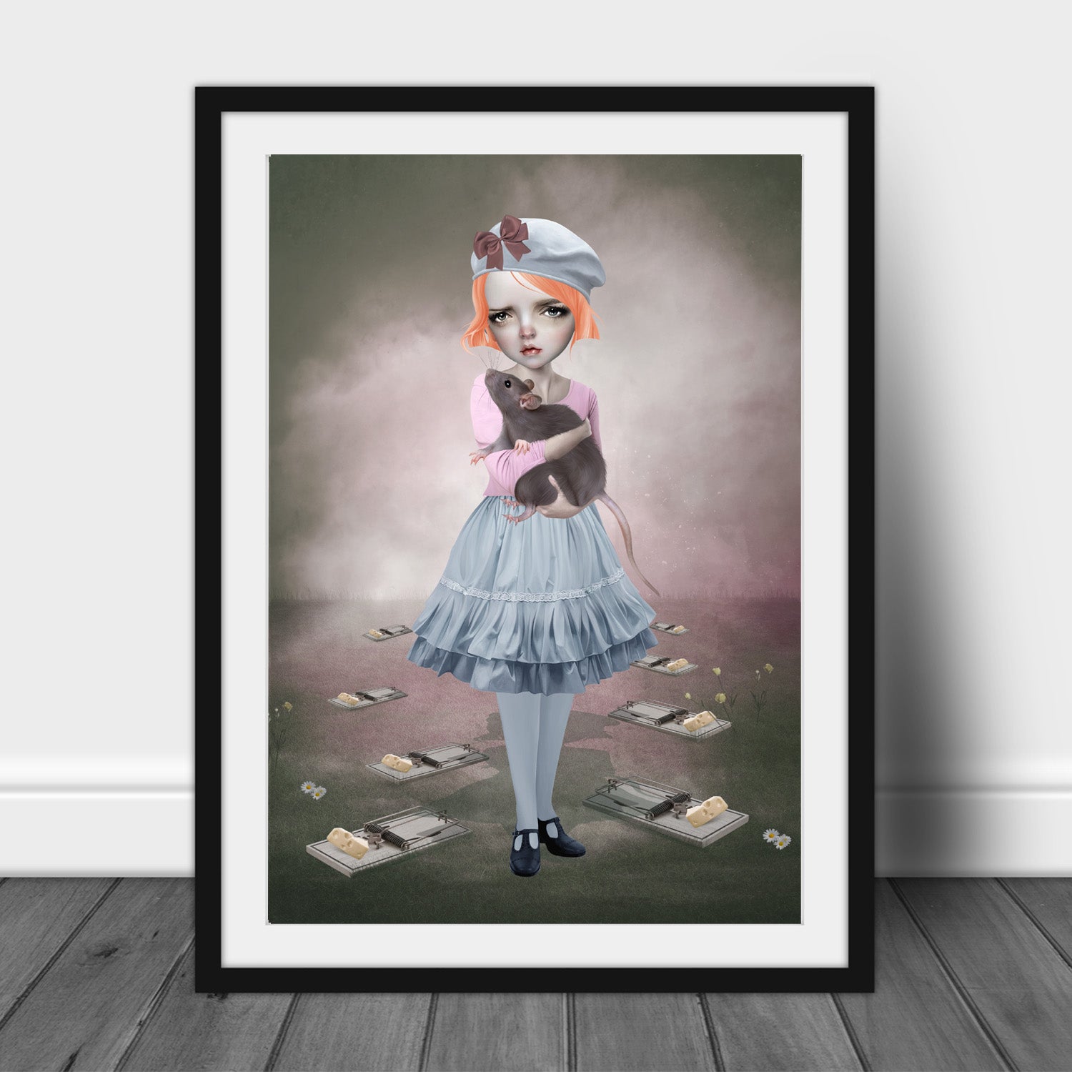Framed A3 artwork of a girl in a blue dress holding an oversized rat, surrounded by mouse traps.