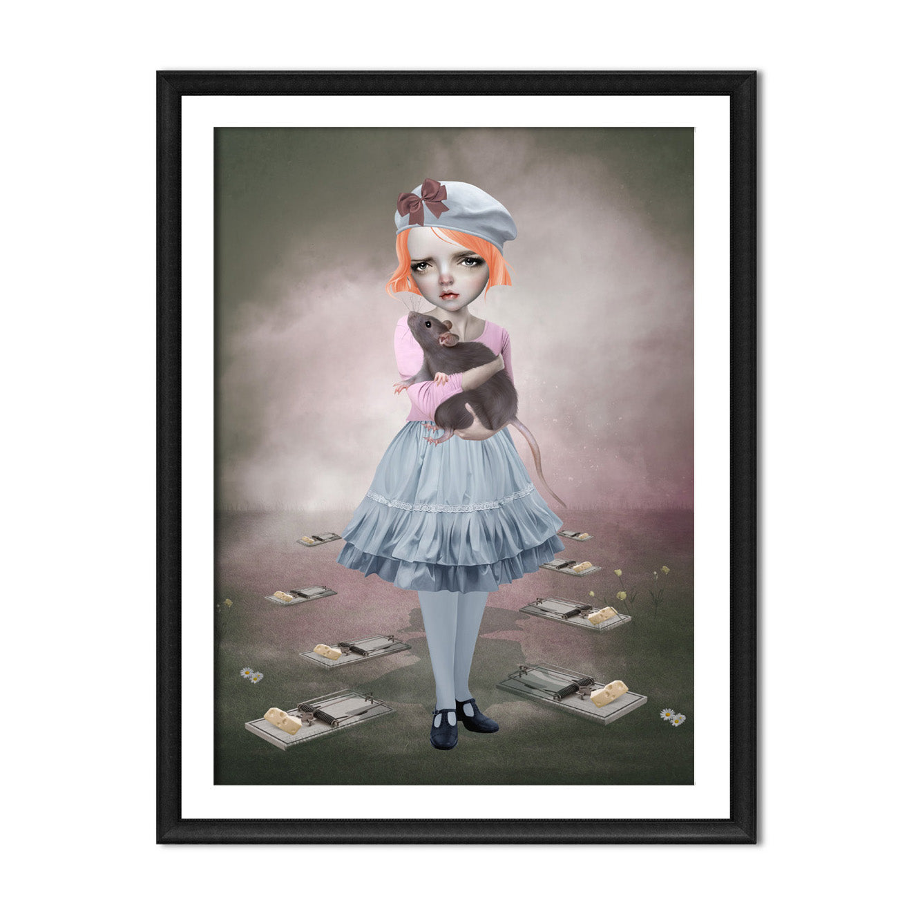 Framed artwork of a girl holding an oversized rat surrounded by mouse traps on a moody gray background