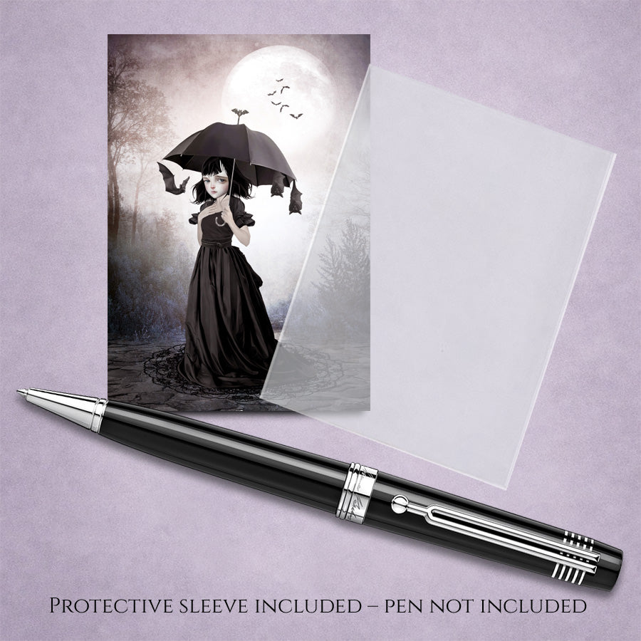Whimsical Girl with Bats ACEO art card with Pen with protective sleeve on a purple background.