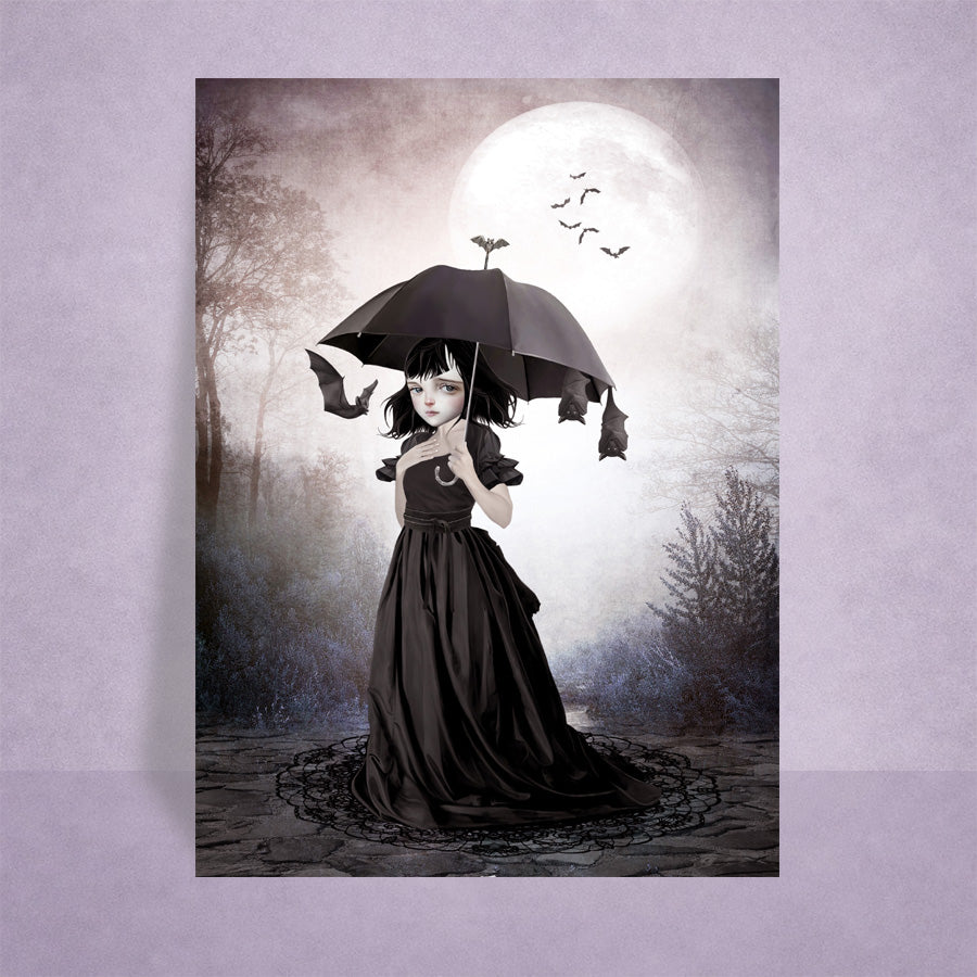 Gothic-style ACEO artwork of a girl in a black dress holding a black umbrella with a moonlit background surrounded by bats.