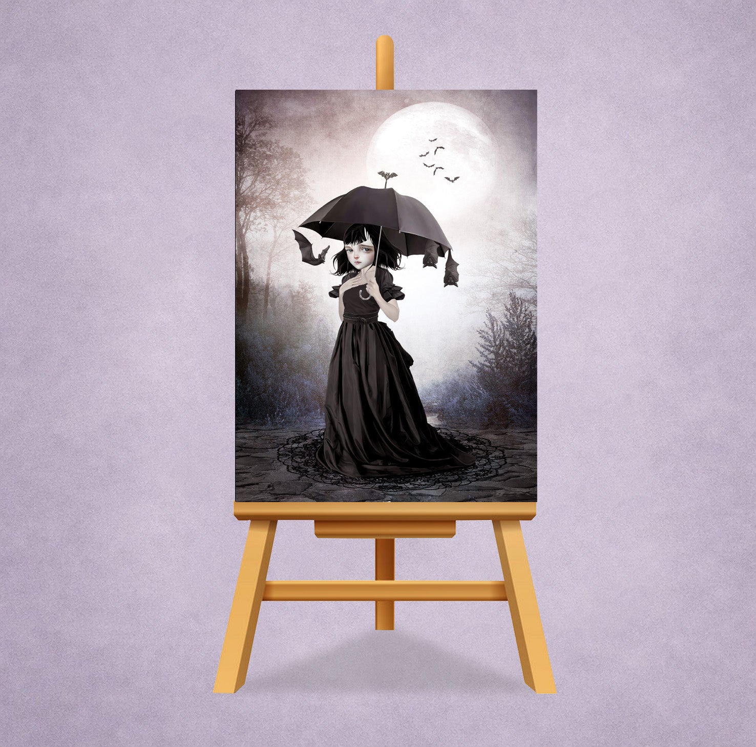 ACEO Card of girl in a black dress holding an umbrella against a moonlit sky, surrounded by bats displayed on a wooden easel.