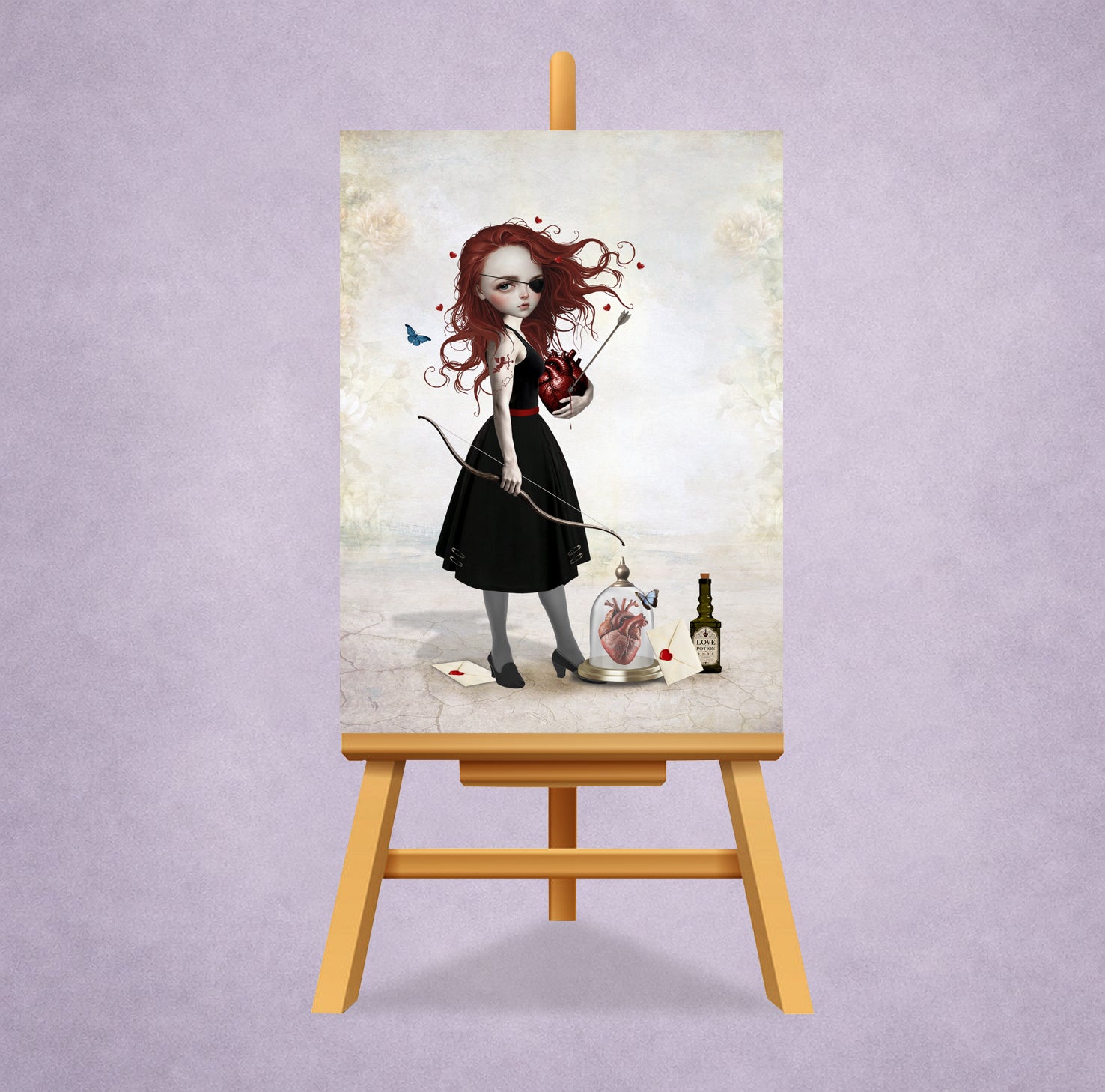 ACEO miniature art card on a miniature display stand of a redhead archer held in hand, featuring a surreal anatomical heart, bow and arrow, and love potion.