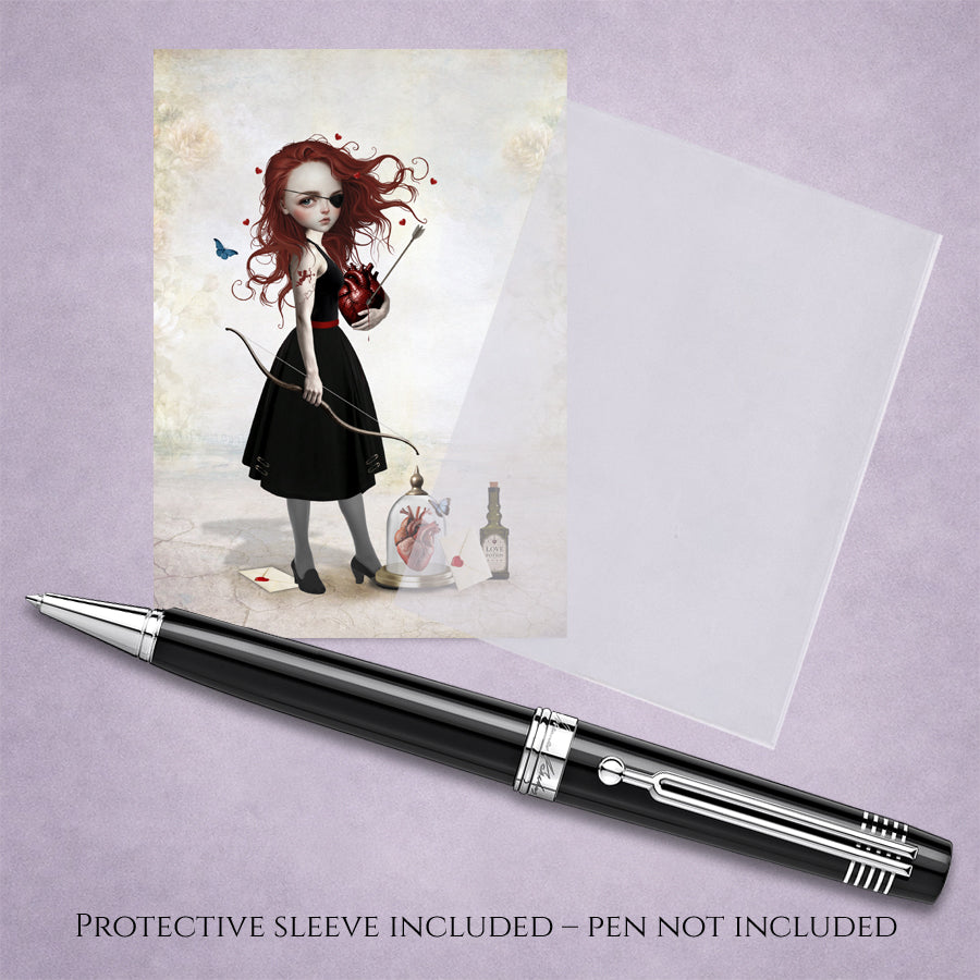 ACEO miniature art card with protective sleeve art is of a redhead archer held in hand, featuring a surreal anatomical heart, bow and arrow, and love potion.