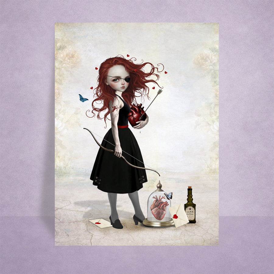 ACEO miniature art card on a lilac display of a redhead archer held in hand, featuring a surreal anatomical heart, bow and arrow, and love potion.