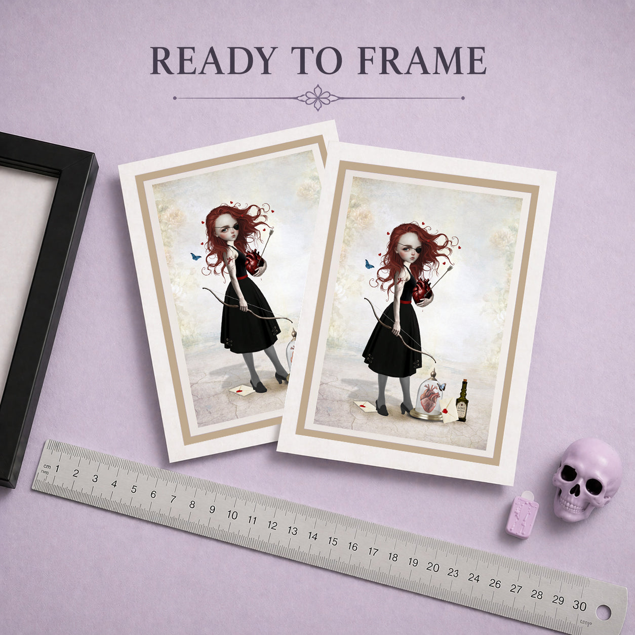 Ready to frame art greeting card, featuring a Pop Surrealism illustration of a gothic redhead archer holding an anatomical heart.