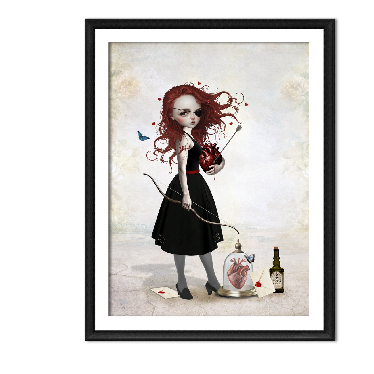 Pop Surrealism art print in an A4 frame featuring a redhead girl with an eye patch holding a bow and arrow and a bleeding anatomical heart, alongside a love potion bottle.