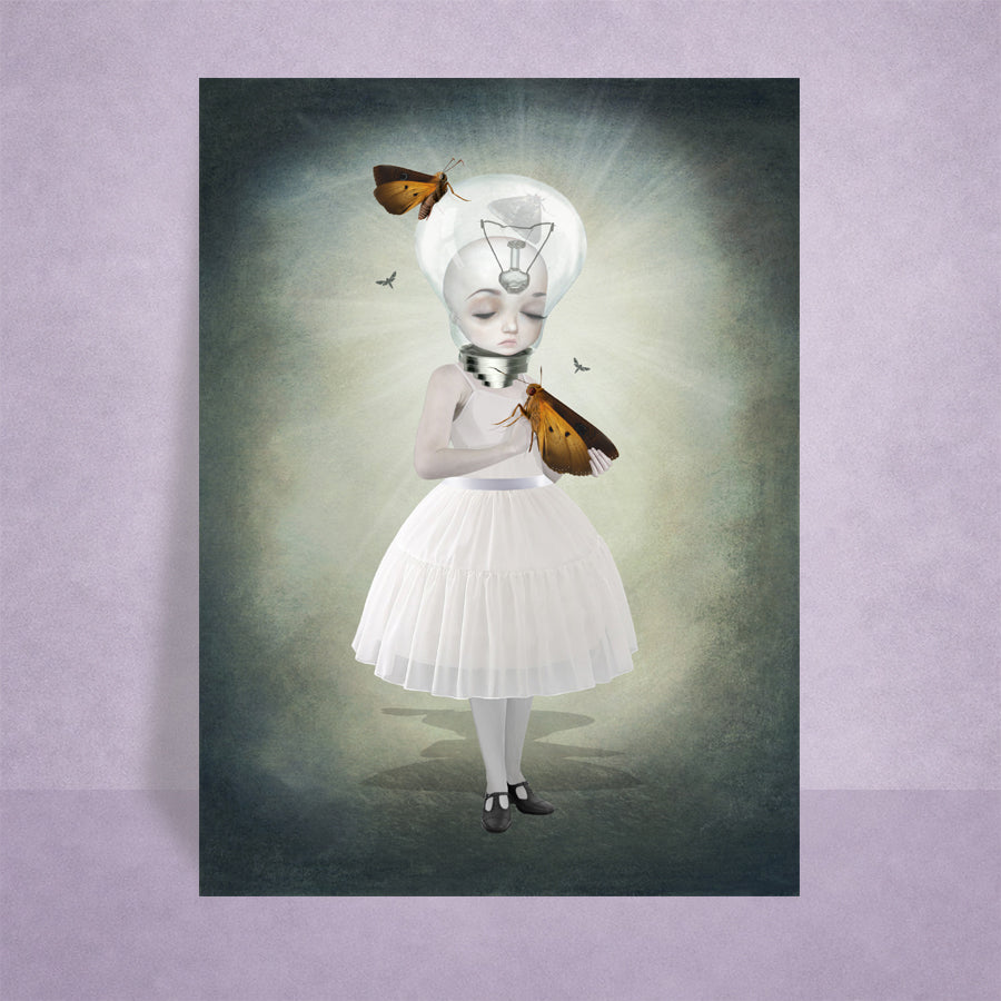 ACEO artwork of a girl in a white dress surrounded by moths on a textured gray background