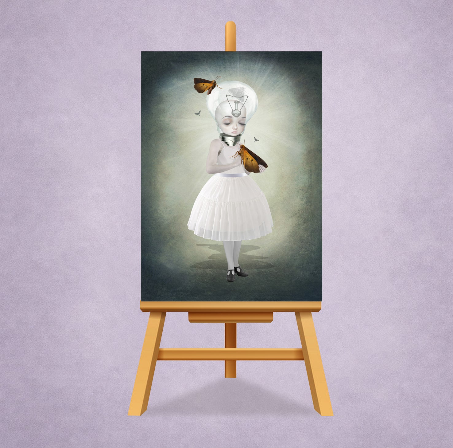 ACEO art card displayed on a miniature display stand of a moth girl surrounded by moths against a light purple background