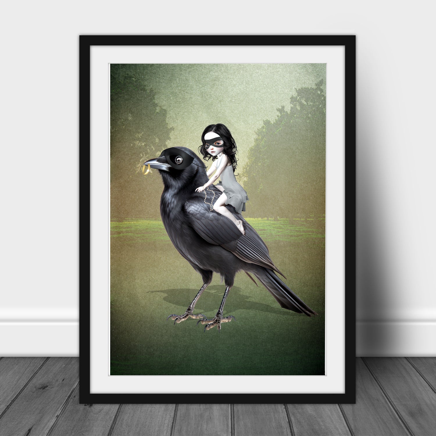 Whimsical bird art print in balck frame.
