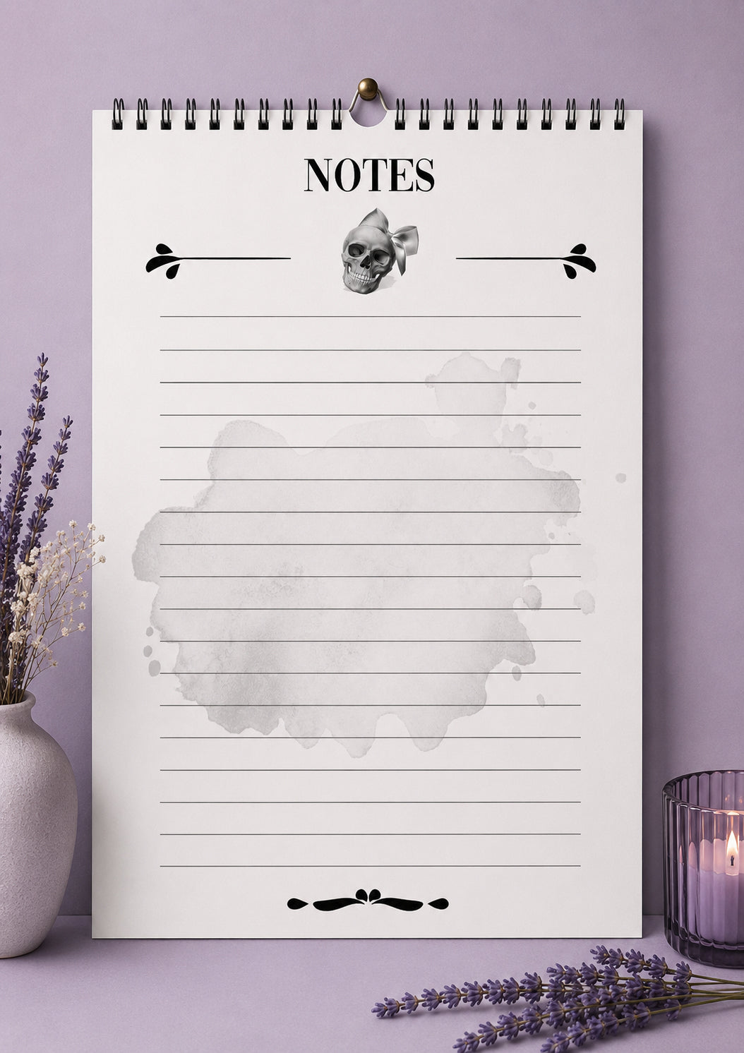 Dedicated notes page inside the Whispers and Willow 2027 calendar featuring lined writing space decorated with a water stain accent and a skull with a ribbon bow.