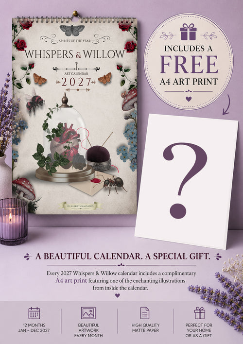 Whispers and Willow 2027 Art Calendar shown hanging next to a free bonus A4 art print gift offer on a soft purple background.
