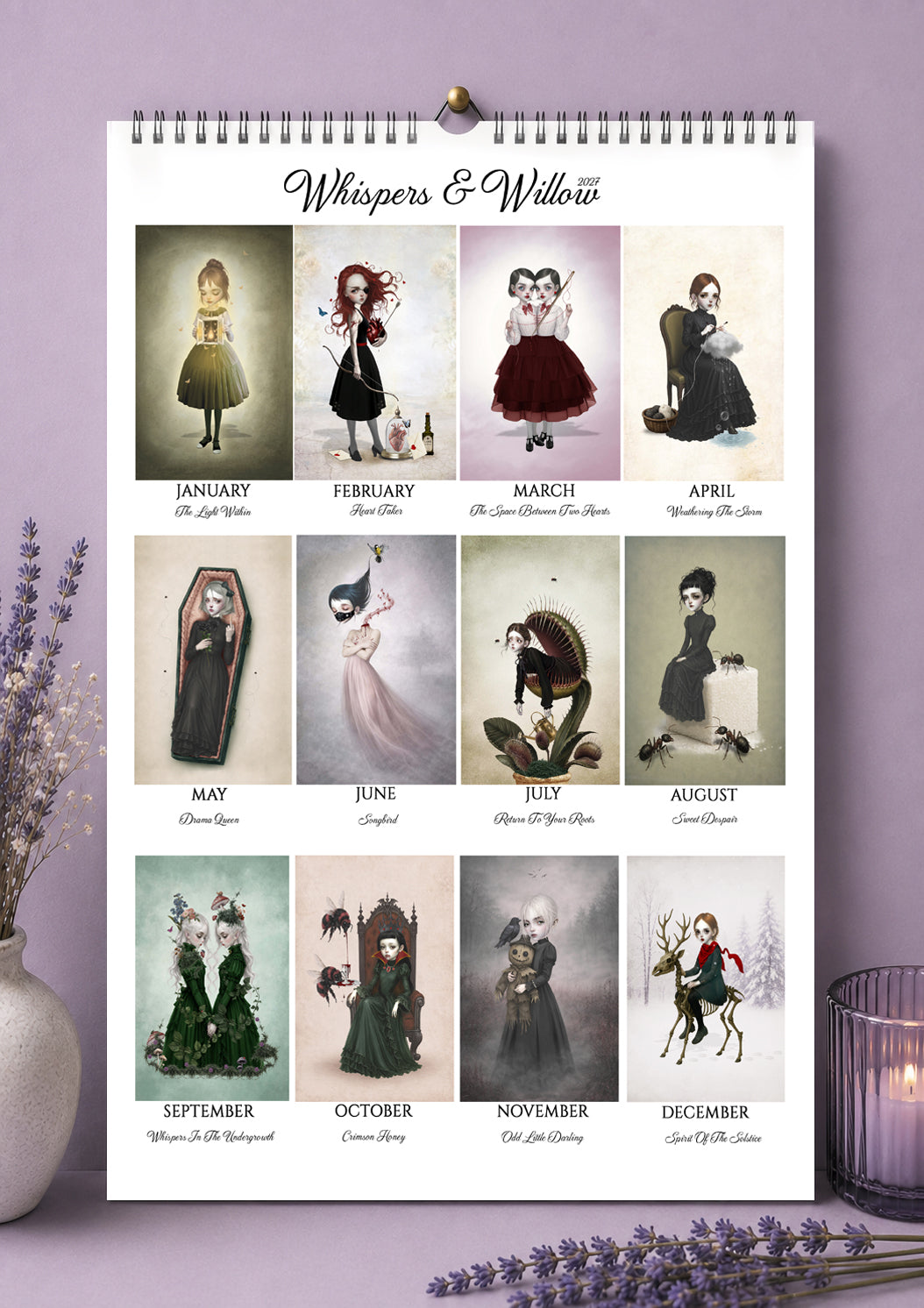 Page showing all 12 monthly gothic and surreal dark fantasy illustrations included inside the Whispers and Willow 2027 calendar.