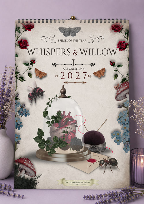 Front cover of the Whispers and Willow 2027 Art Calendar by Harrietsimagination featuring gothic illustrations of a human heart in a glass cloche, roses, moths, and bees against a vintage parchment background.