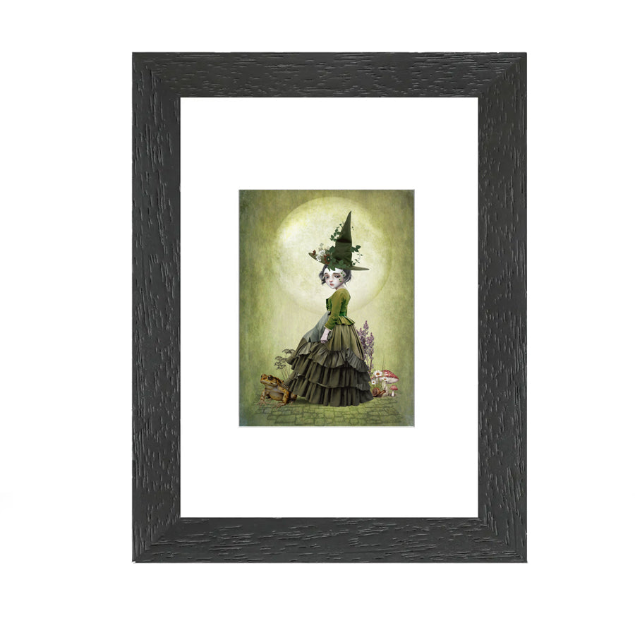 Woodland witch and her loyal toad ACEO in black frame.