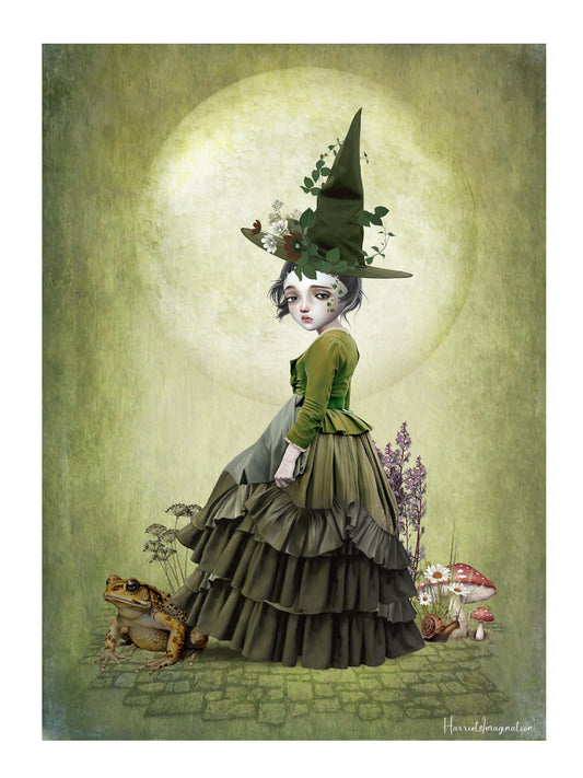 Unframed witch and toad art print with enchanting design.