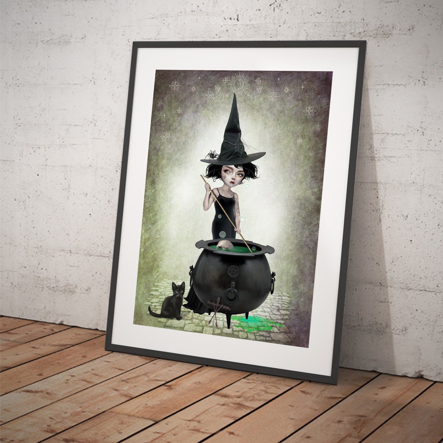 A witch stirs her potions in her bubbling cauldron, while her black cat keeps a close eye on things.