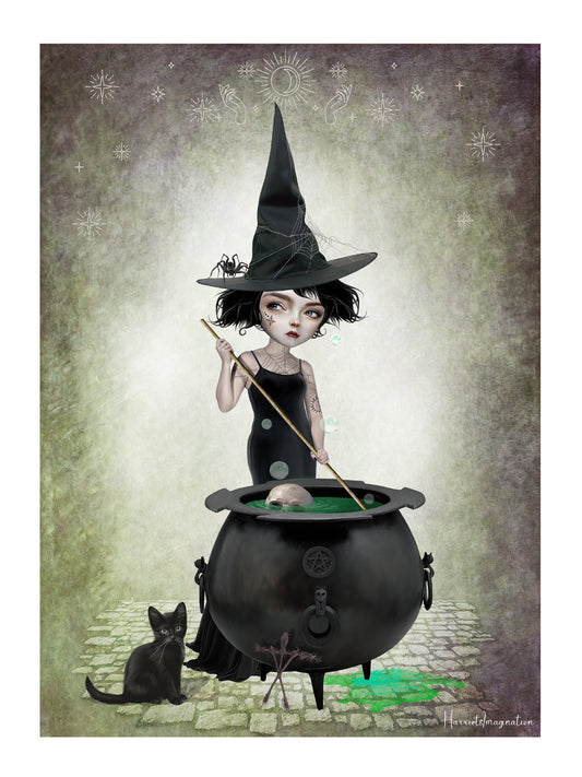 Witch art print. Watch as the witch stirs her potions in her bubbling cauldron, while her black cat keeps a close eye on things.