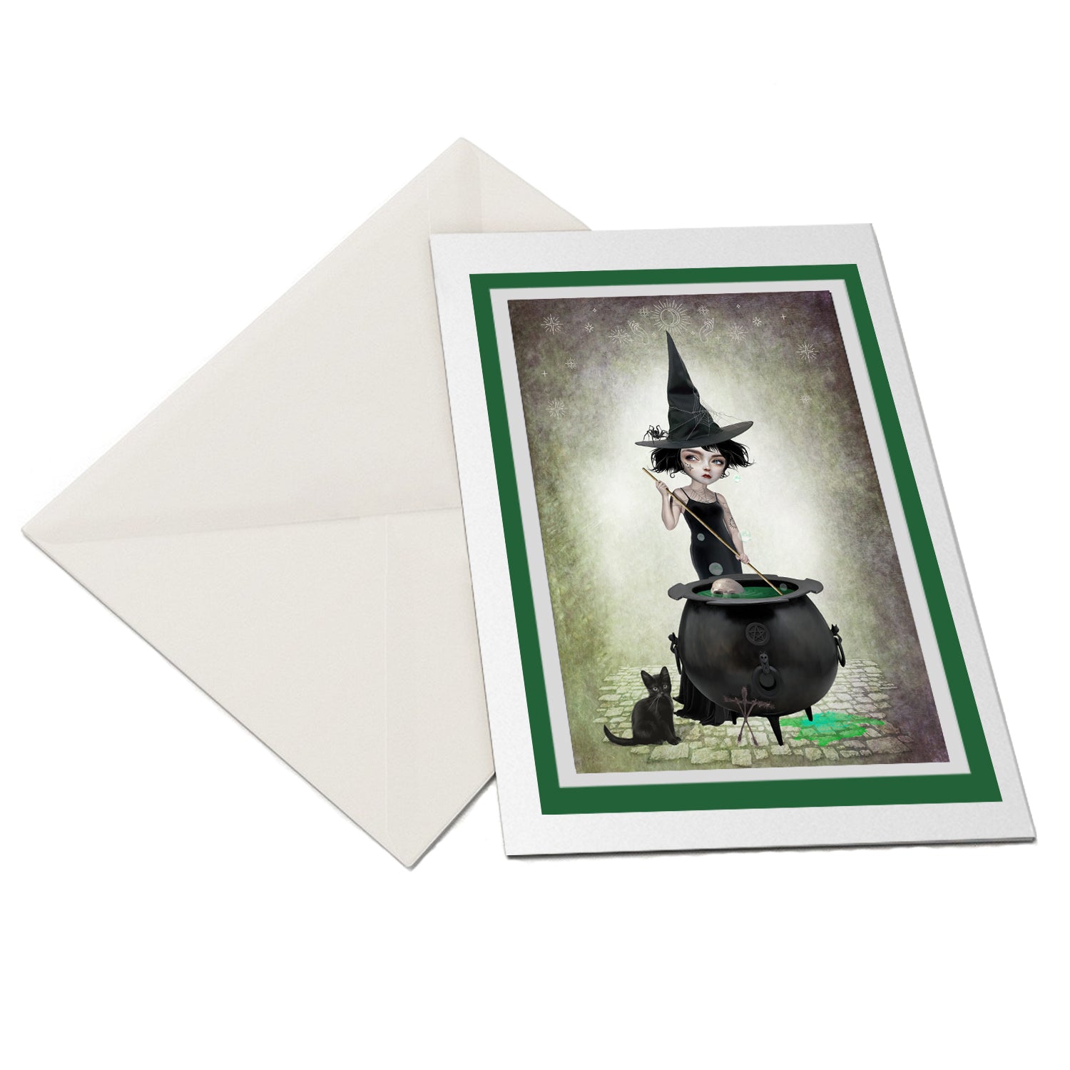 Creepy Cute Art Greeting Card with envelope. A witch brewing a green potion in a cauldron with a black cat beside her, perfect for Halloween decor.