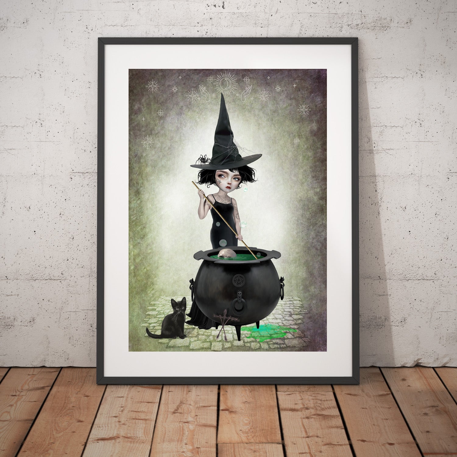 Witchy art print, a witch stirs her potions in her bubbling cauldron, while her black cat keeps a close eye on things.