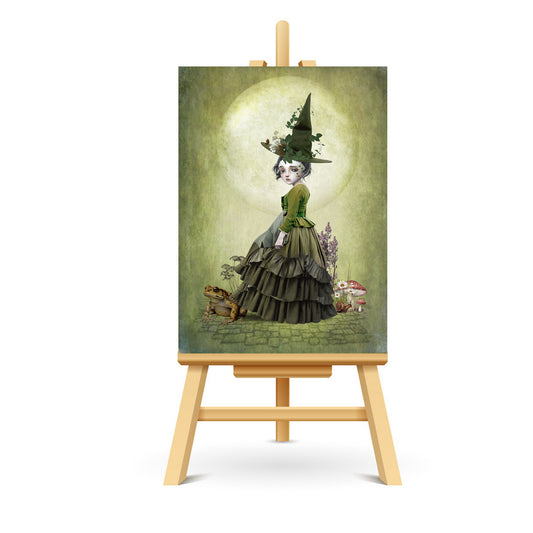Witchy ACEO Artist Trading Card. This miniature art features a woodland witch and her loyal toad.