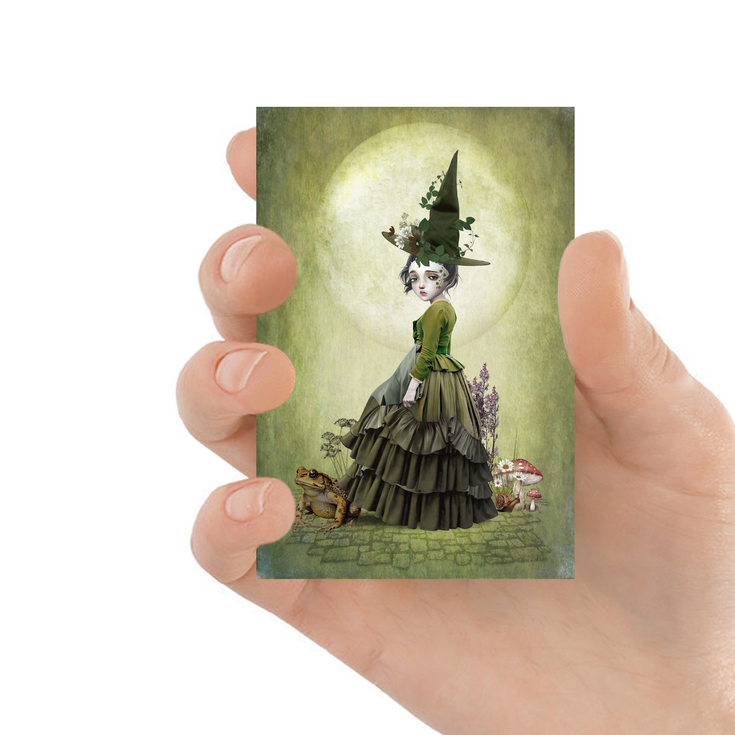 Witchy ACEO. This miniature art features a woodland witch and her loyal toad