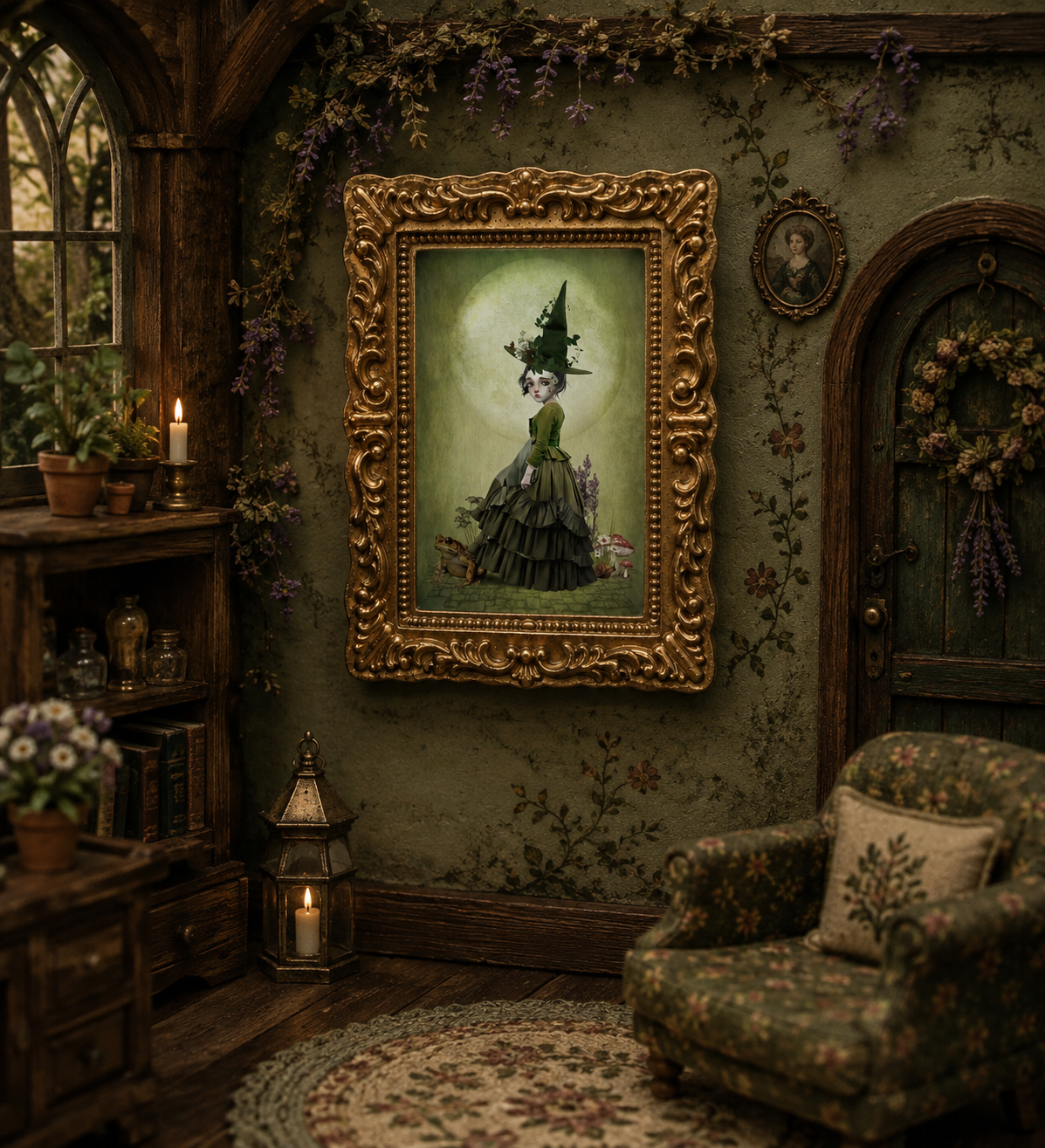 A framed dollhouse gothic-style portrait of a witch and toad  hangs on a dark floral wallpapered wall in a cozy, vintage-laden room with a floral armchair, wooden furniture, and candles.
